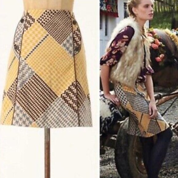 Anthropologie Maeve Velvet Houndstooth Patchwork Skirt Sz 8 Mustard‎ Brown Ivory - Picture 1 of 8